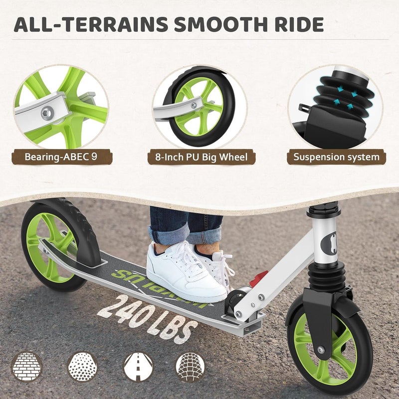 WAYPLUS Kick Scooter for Ages 6+,Kid, Teens & Adults. Max Load 240 LBS. Foldable, Lightweight, 8IN Big Wheels for Kids, Teen and Adults, 4 Adjustable Levels. Bearing ABEC9 - Image 4